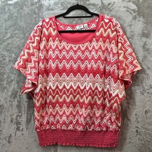 Cato Woman Pink Chevron Crochet Smocked Hem Blouson Top Plus Size 18/20W